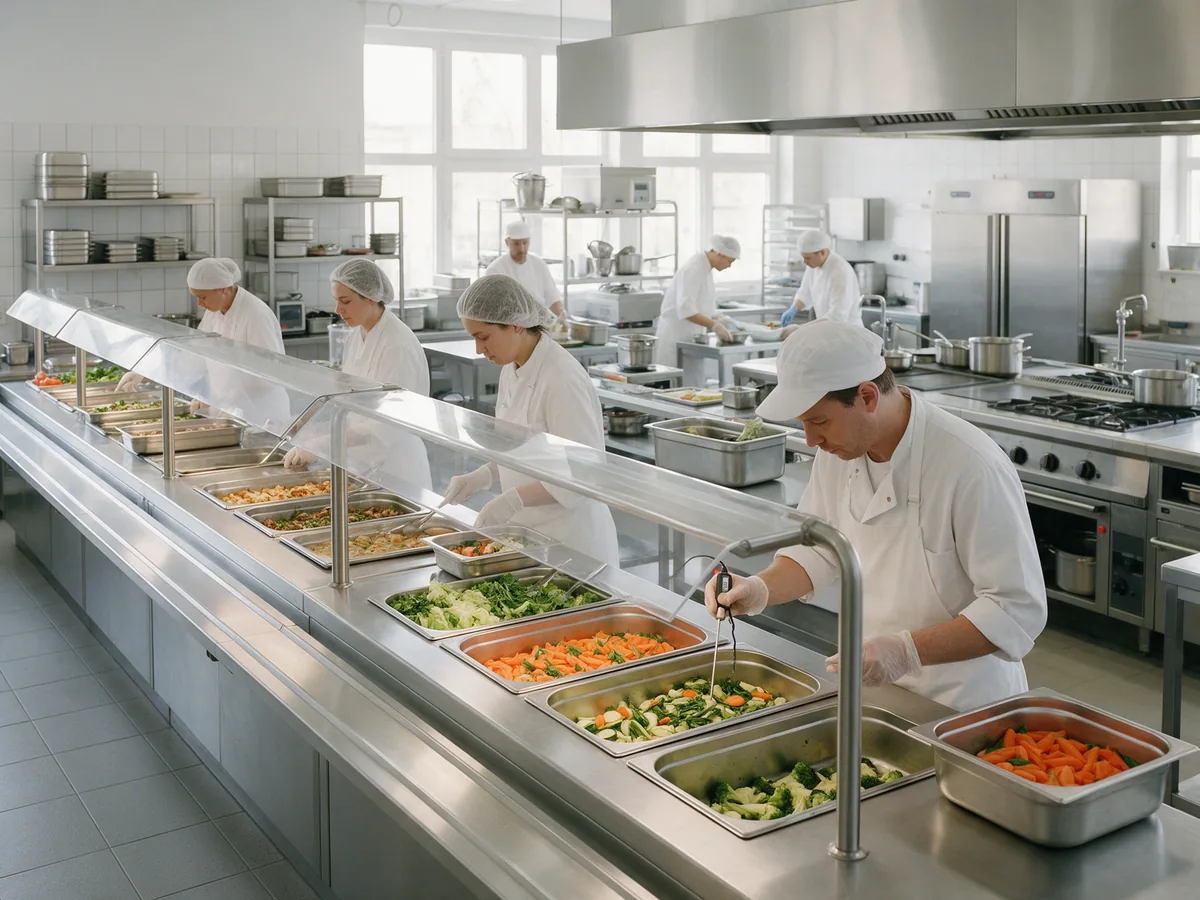 Cuisine de restauration collective : équipe en tenue blanche et contrôle de température au thermomètre-sonde