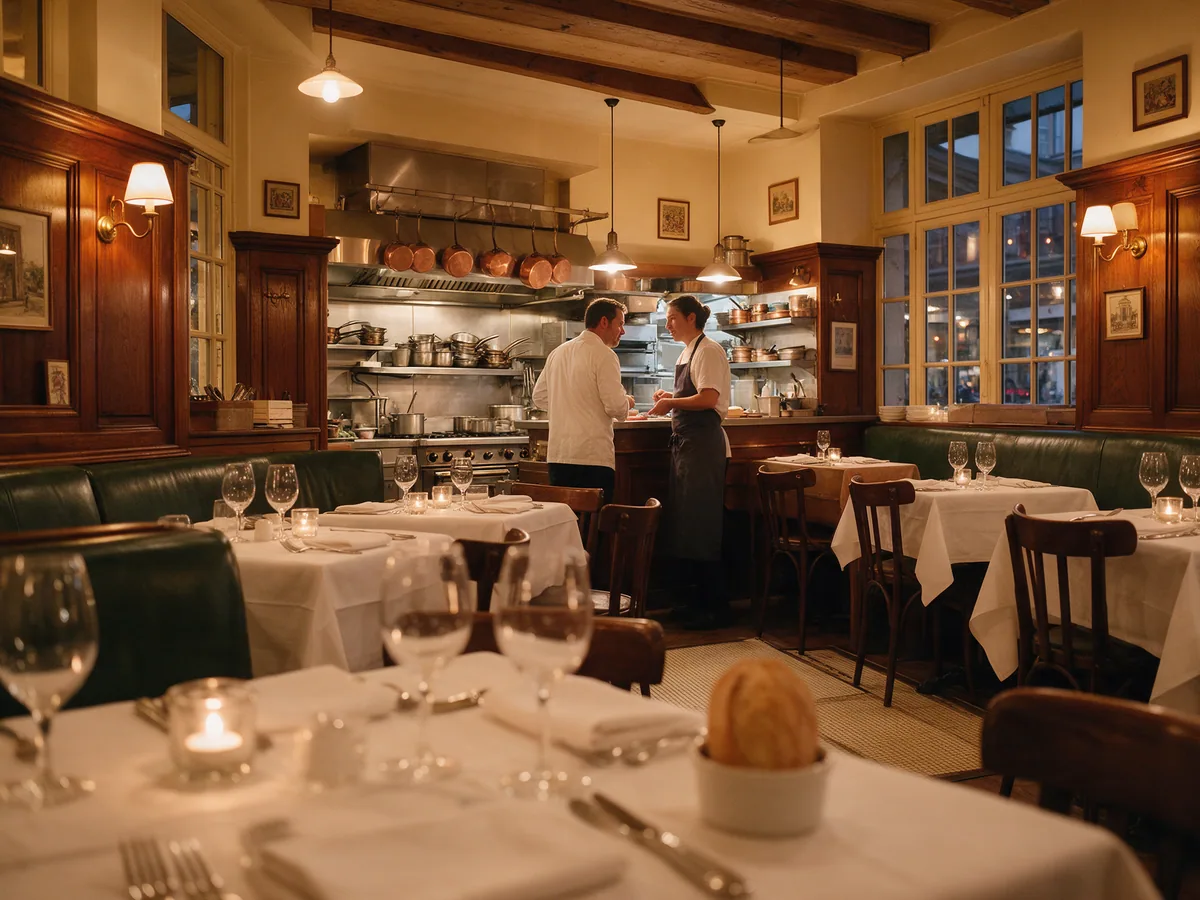 Salle de brasserie dressée avant le service, chef et serveur au passe
